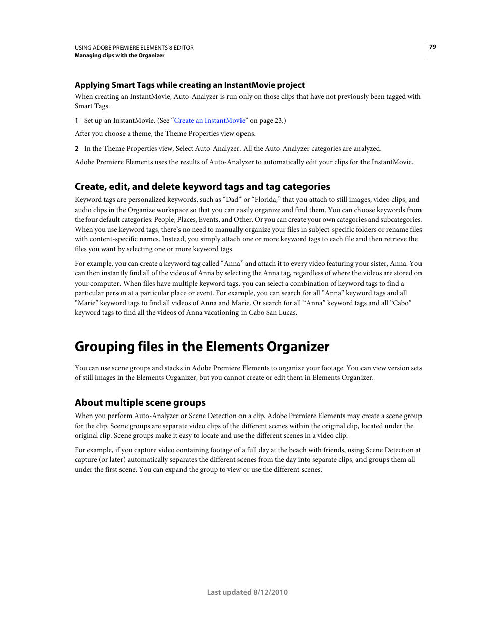 Grouping files in the elements organizer, About multiple scene groups | Adobe Premiere Elements 8 User Manual | Page 84 / 313