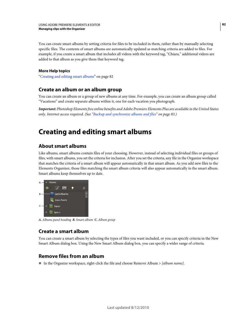 Create an album or an album group, Creating and editing smart albums, About smart albums | Create a smart album, Remove files from an album | Adobe Premiere Elements 8 User Manual | Page 87 / 313