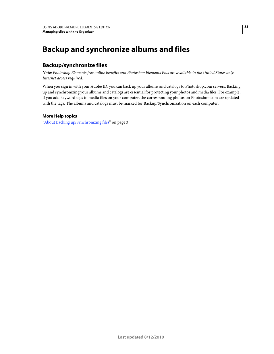 Backup and synchronize albums and files, Backup/synchronize files, Backup and synchronize albums and | Files | Adobe Premiere Elements 8 User Manual | Page 88 / 313