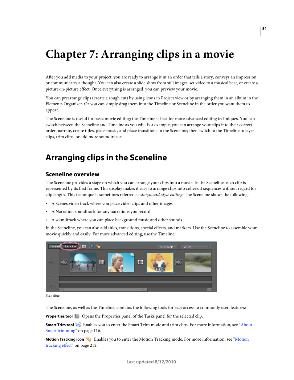 Chapter 7: arranging clips in a movie, Arranging clips in the sceneline, Sceneline overview | Adobe Premiere Elements 8 User Manual | Page 89 / 313