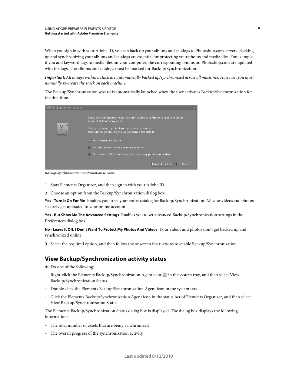 View backup/synchronization activity status | Adobe Premiere Elements 8 User Manual | Page 9 / 313