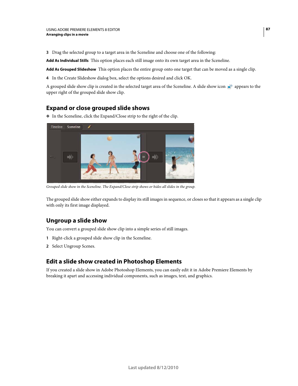 Expand or close grouped slide shows, Ungroup a slide show, Edit a slide show created in photoshop elements | Adobe Premiere Elements 8 User Manual | Page 92 / 313