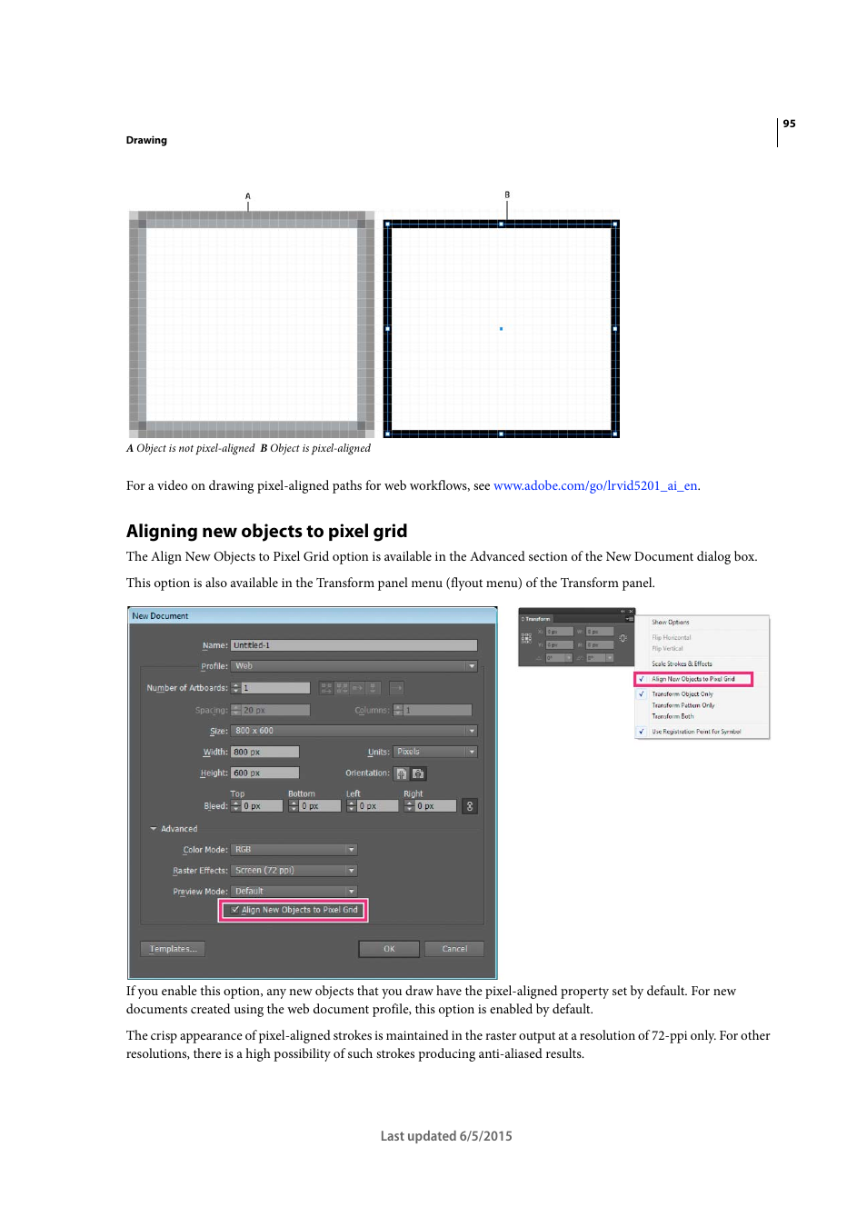 Aligning new objects to pixel grid | Adobe Illustrator CC 2015 User Manual | Page 100 / 556