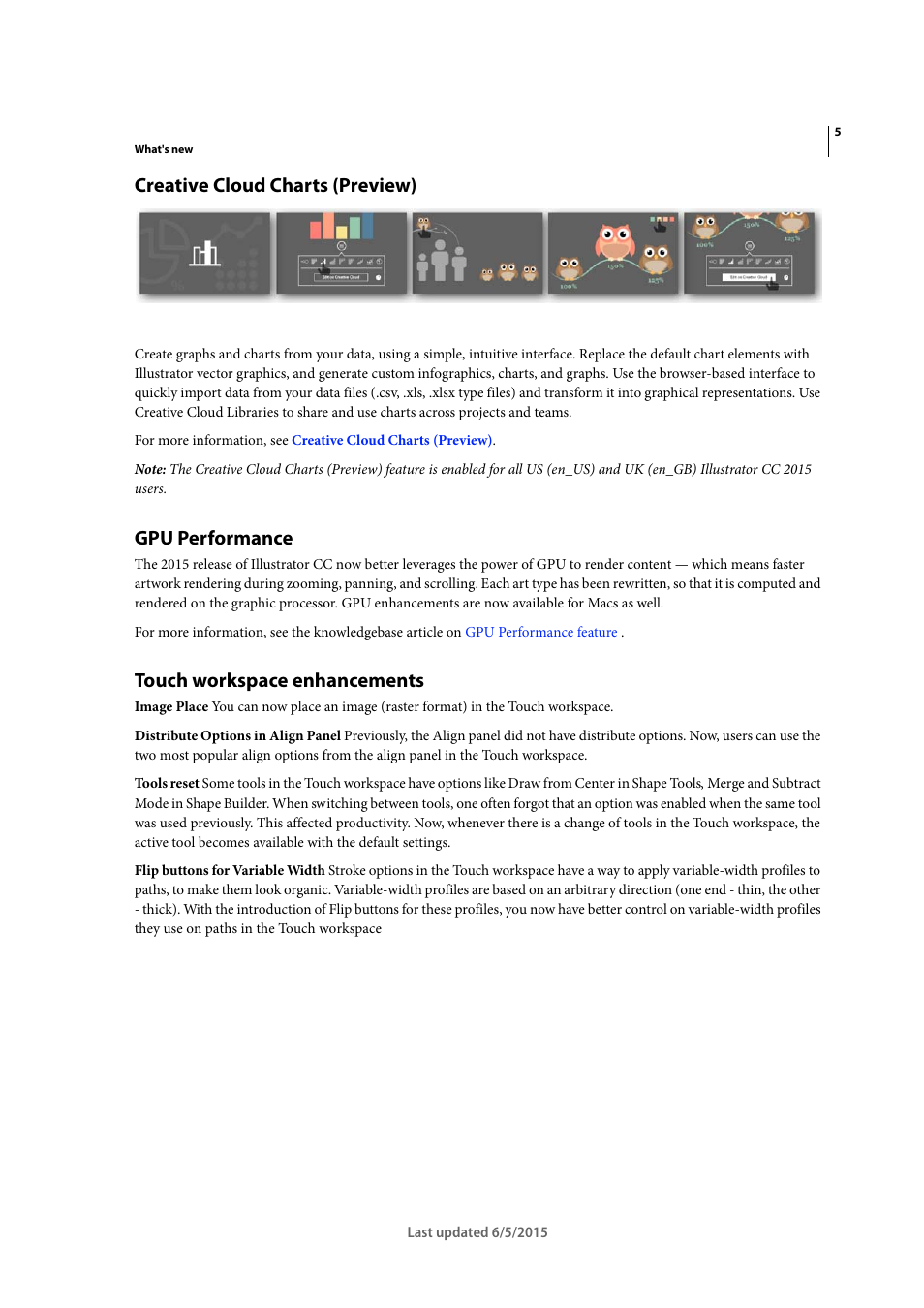 Creative cloud charts (preview), Gpu performance, Touch workspace enhancements | Adobe Illustrator CC 2015 User Manual | Page 11 / 556