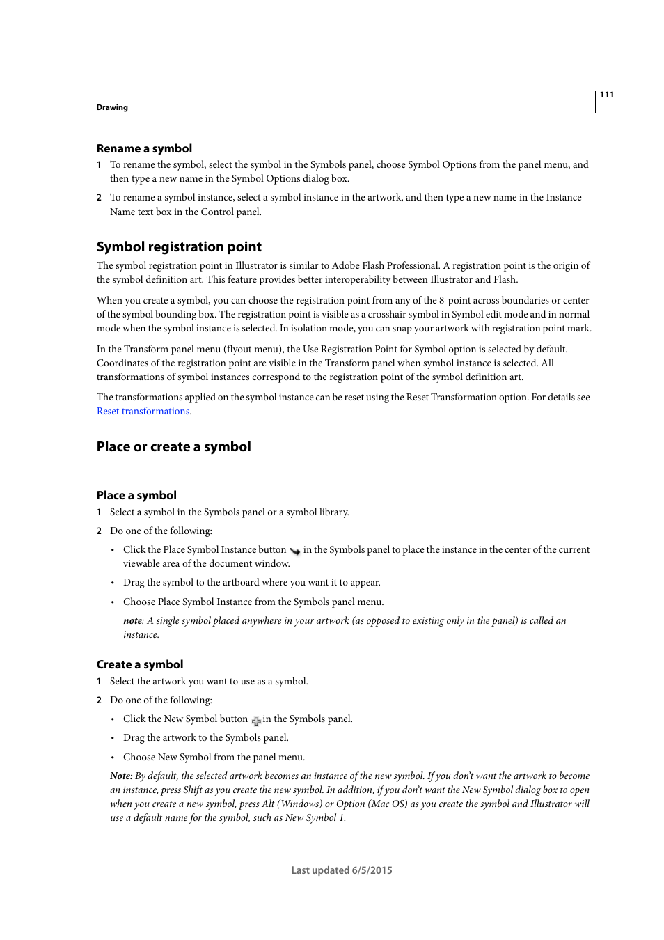 Rename a symbol, Symbol registration point, Place or create a symbol | Place a symbol, Create a symbol | Adobe Illustrator CC 2015 User Manual | Page 116 / 556