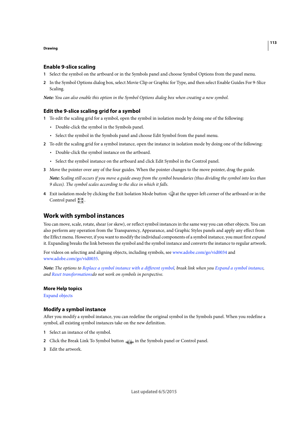 Enable 9-slice scaling, Edit the 9-slice scaling grid for a symbol, Work with symbol instances | Modify a symbol instance | Adobe Illustrator CC 2015 User Manual | Page 118 / 556