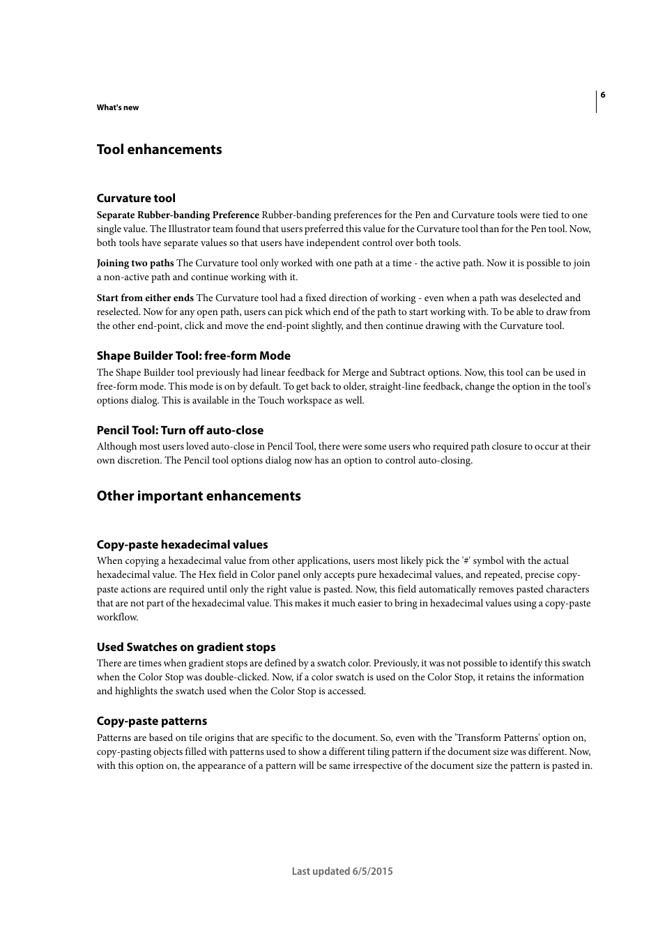 Tool enhancements, Curvature tool, Shape builder tool: free-form mode | Pencil tool: turn off auto-close, Other important enhancements, Copy-paste hexadecimal values, Used swatches on gradient stops, Copy-paste patterns | Adobe Illustrator CC 2015 User Manual | Page 12 / 556