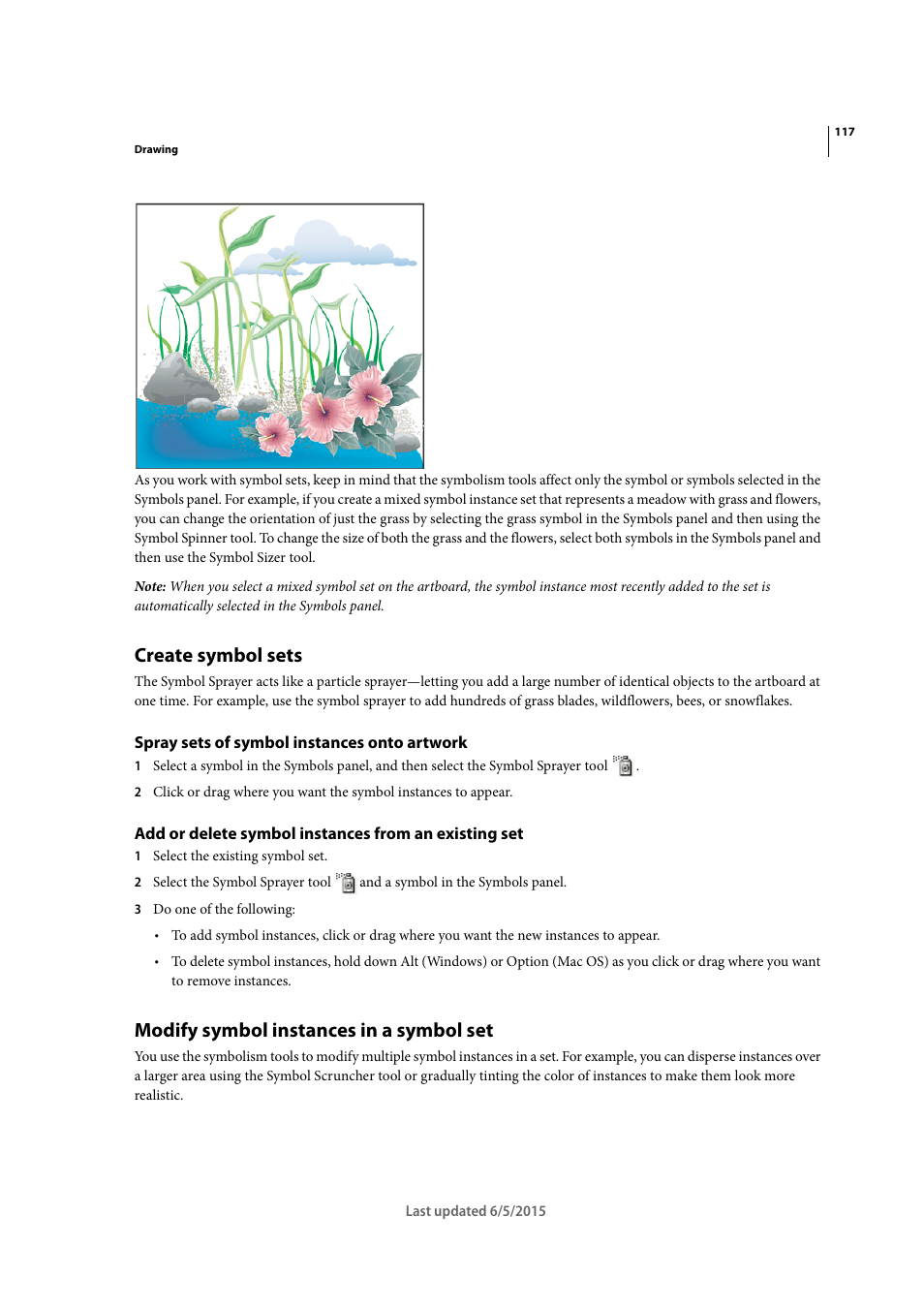 Create symbol sets, Spray sets of symbol instances onto artwork, Modify symbol instances in a symbol set | Create, Symbol sets | Adobe Illustrator CC 2015 User Manual | Page 122 / 556