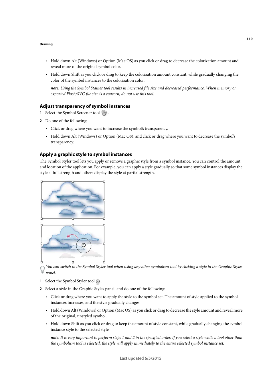 Adjust transparency of symbol instances, Apply a graphic style to symbol instances, Apply a graphic style to symbol | Instances | Adobe Illustrator CC 2015 User Manual | Page 124 / 556