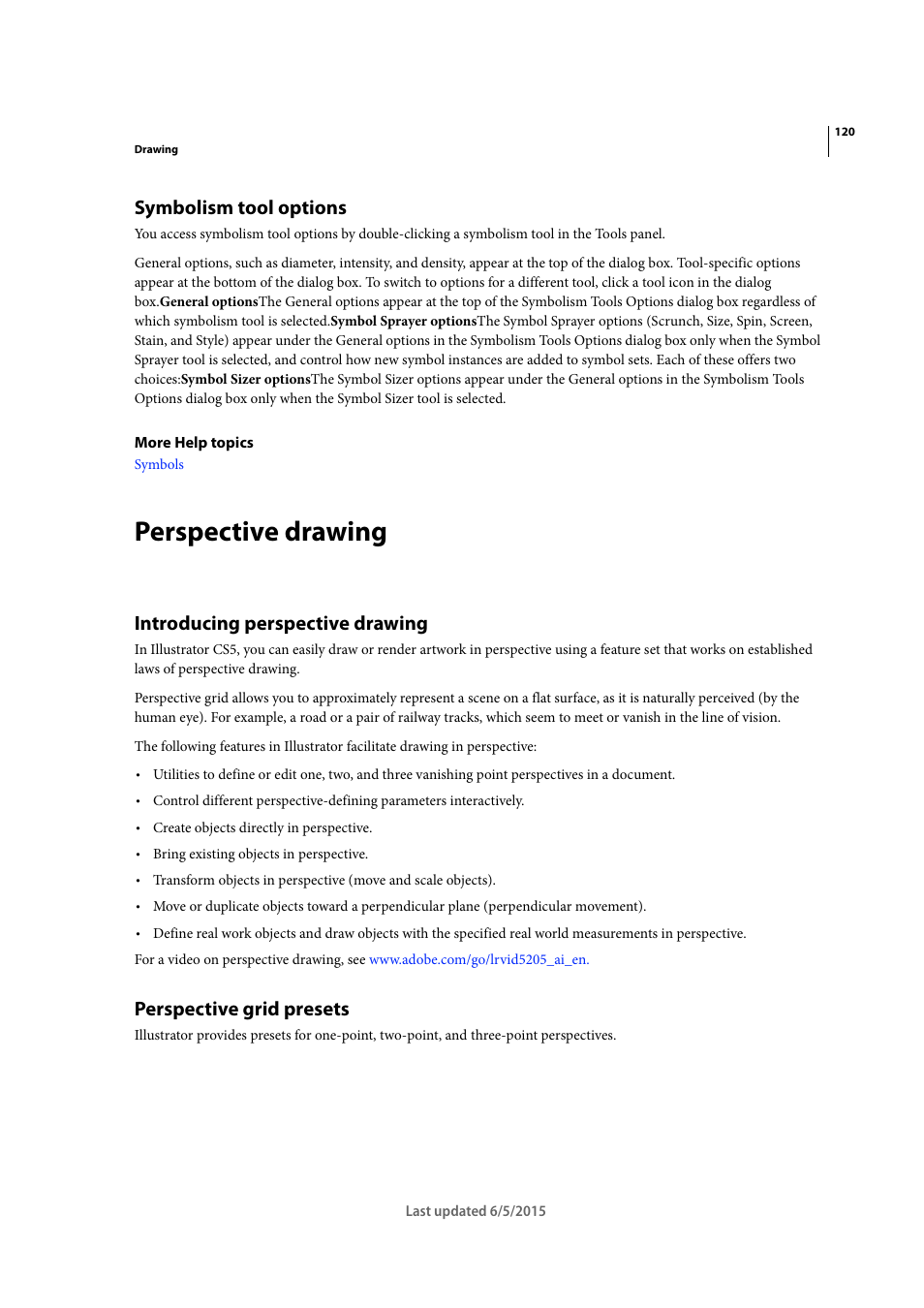 Symbolism tool options, Perspective drawing, Introducing perspective drawing | Perspective grid presets | Adobe Illustrator CC 2015 User Manual | Page 125 / 556