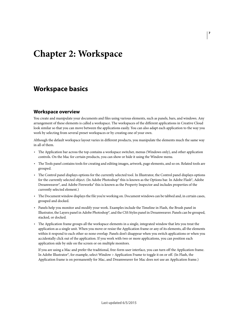 Chapter 2: workspace, Workspace basics, Workspace overview | Adobe Illustrator CC 2015 User Manual | Page 13 / 556