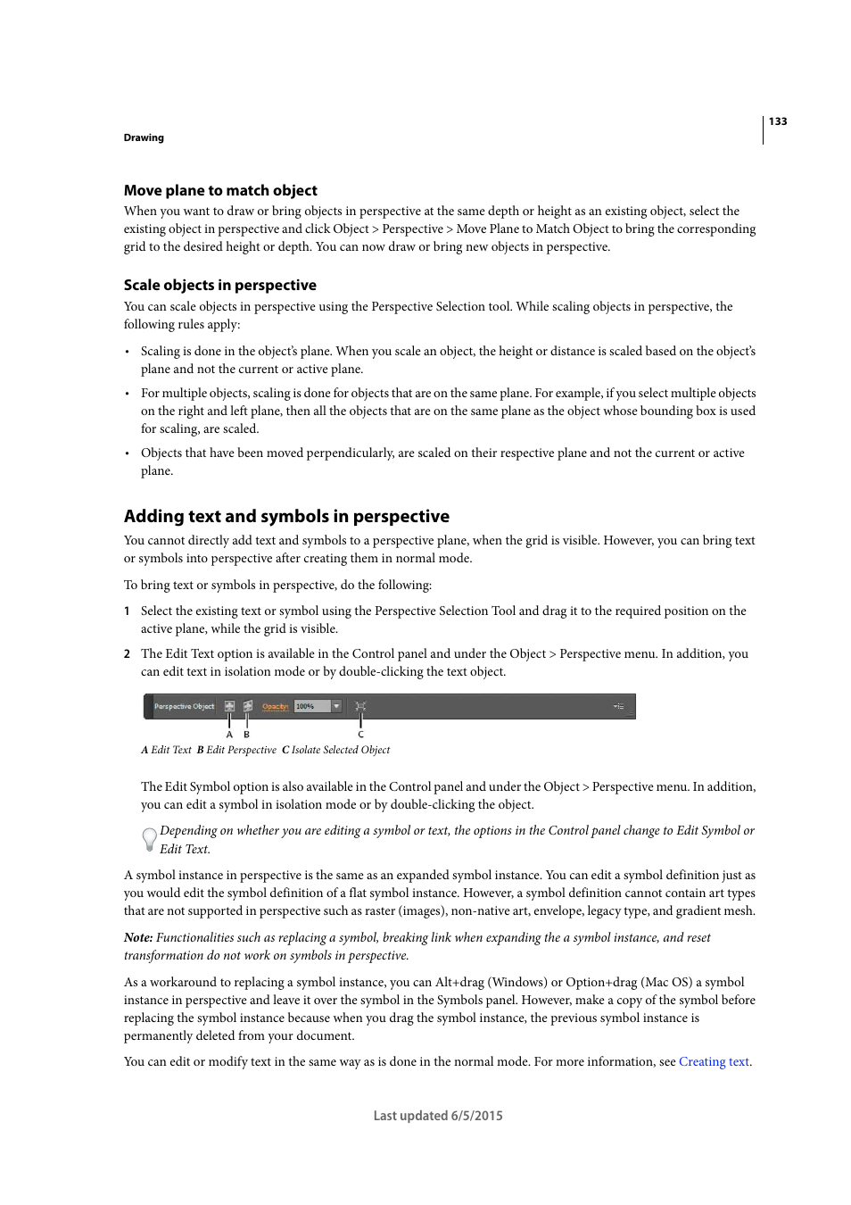 Move plane to match object, Scale objects in perspective, Adding text and symbols in perspective | Adobe Illustrator CC 2015 User Manual | Page 138 / 556