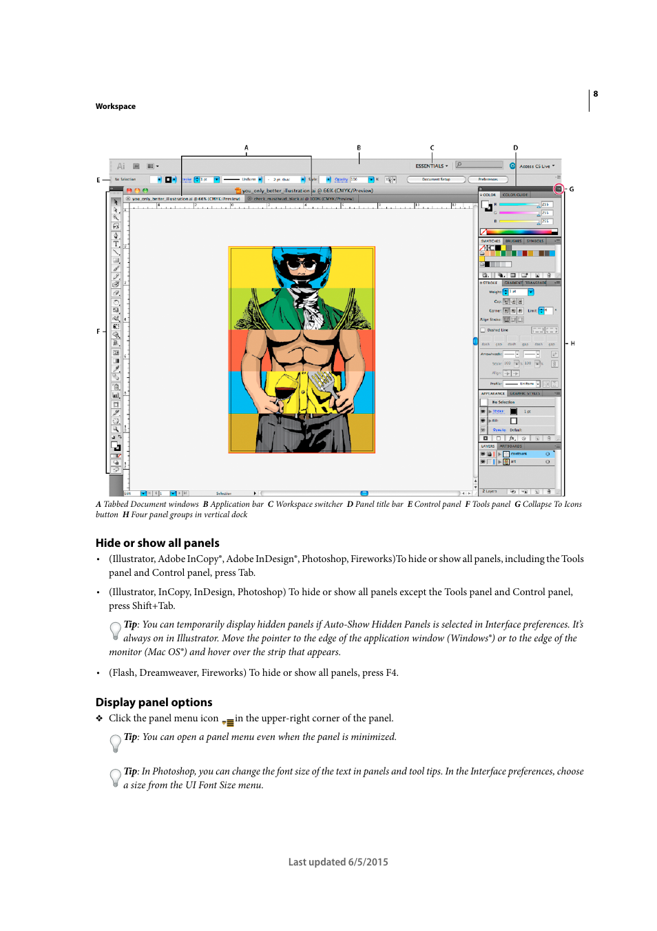 Hide or show all panels, Display panel options | Adobe Illustrator CC 2015 User Manual | Page 14 / 556