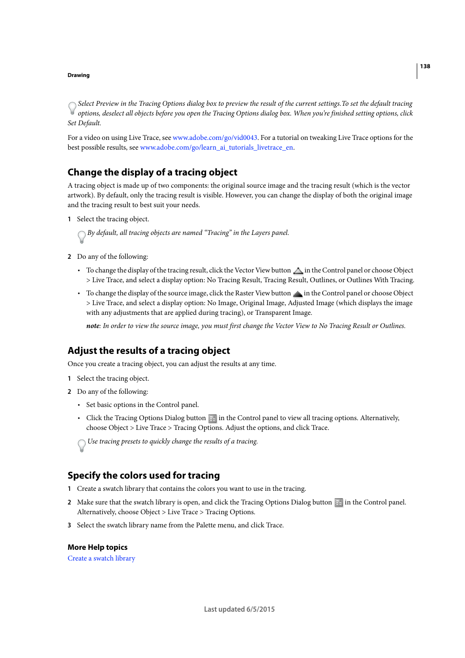 Change the display of a tracing object, Adjust the results of a tracing object, Specify the colors used for tracing | Adobe Illustrator CC 2015 User Manual | Page 143 / 556