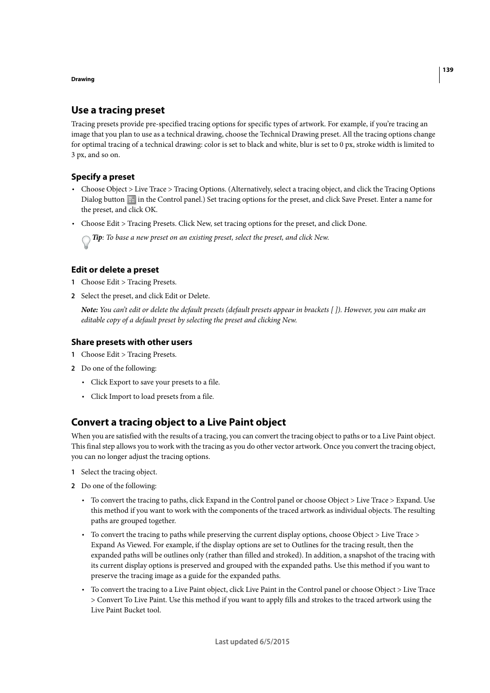 Use a tracing preset, Specify a preset, Edit or delete a preset | Share presets with other users, Convert a tracing object to a live paint object | Adobe Illustrator CC 2015 User Manual | Page 144 / 556