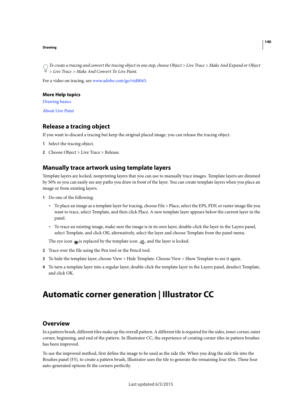 Release a tracing object, Manually trace artwork using template layers, Automatic corner generation | illustrator cc | Overview | Adobe Illustrator CC 2015 User Manual | Page 145 / 556