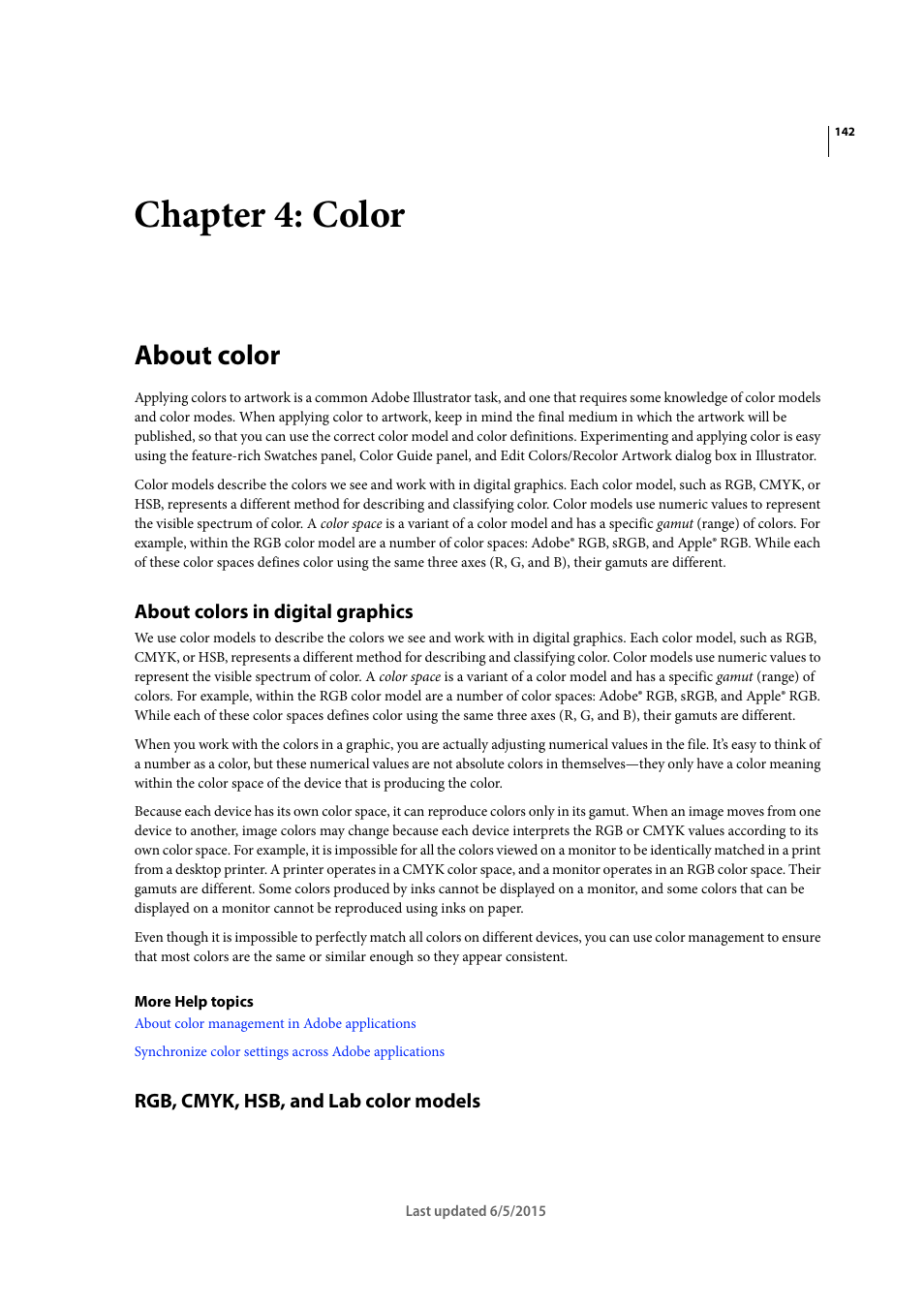 Chapter 4: color, About color, About colors in digital graphics | Rgb, cmyk, hsb, and lab color models | Adobe Illustrator CC 2015 User Manual | Page 147 / 556