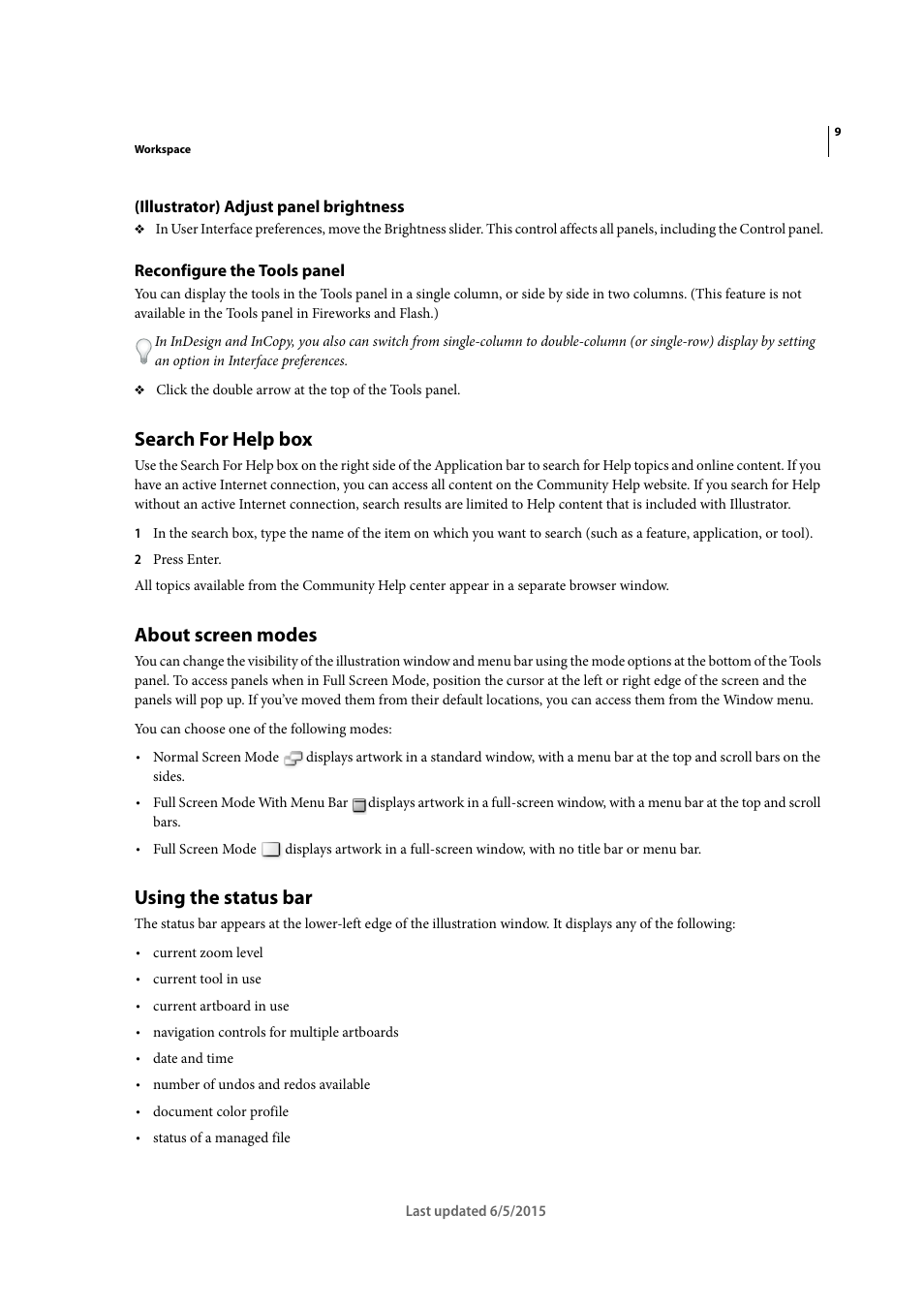 Illustrator) adjust panel brightness, Reconfigure the tools panel, Search for help box | About screen modes, Using the status bar | Adobe Illustrator CC 2015 User Manual | Page 15 / 556