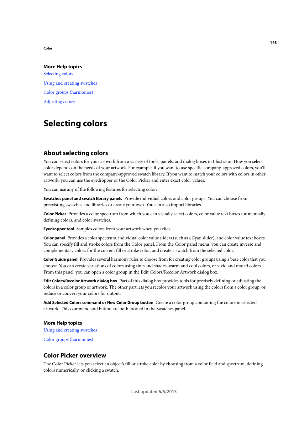 Selecting colors, About selecting colors, Color picker overview | Adobe Illustrator CC 2015 User Manual | Page 153 / 556