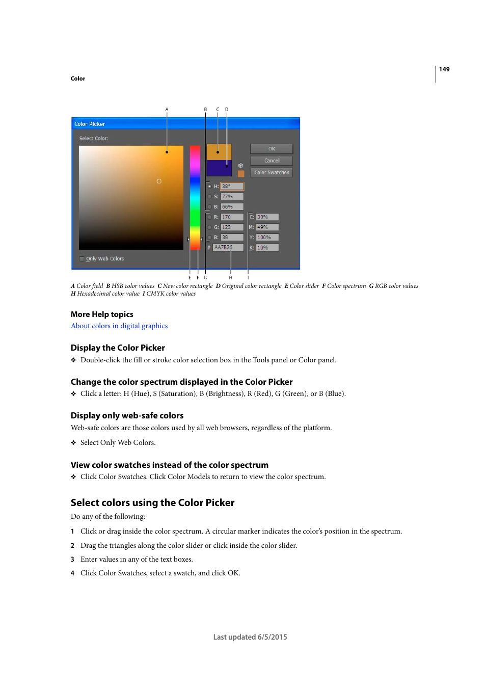 Display the color picker, Display only web-safe colors, View color swatches instead of the color spectrum | Select colors using the color picker | Adobe Illustrator CC 2015 User Manual | Page 154 / 556