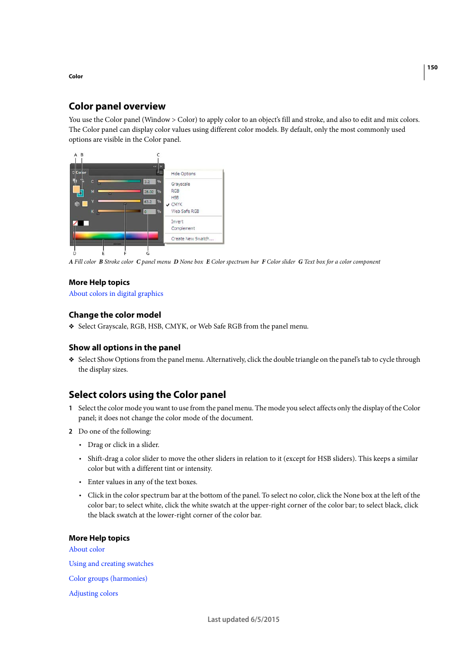 Color panel overview, Change the color model, Show all options in the panel | Select colors using the color panel | Adobe Illustrator CC 2015 User Manual | Page 155 / 556