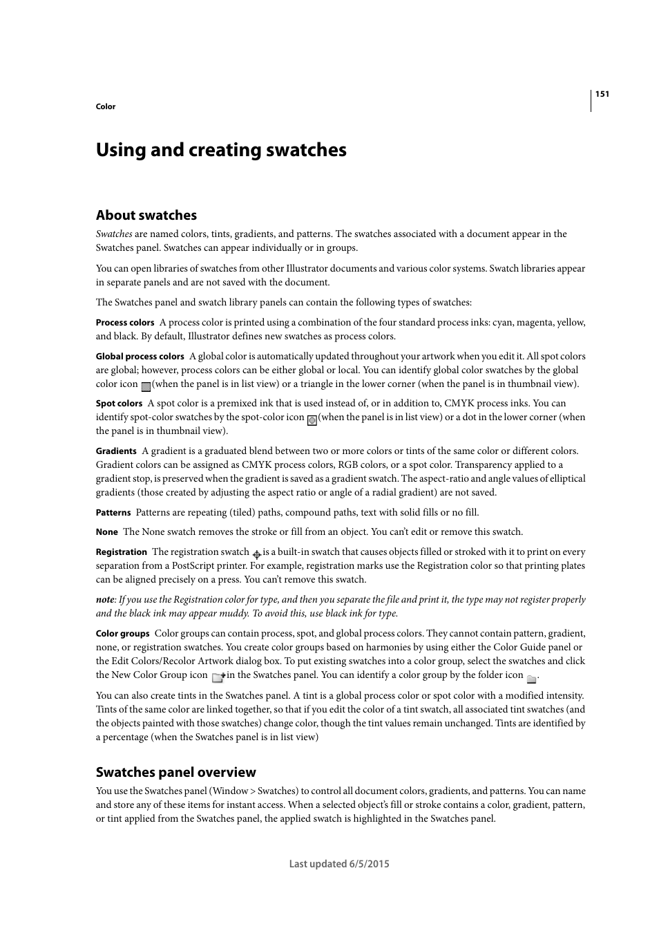 Using and creating swatches, About swatches, Swatches panel overview | Adobe Illustrator CC 2015 User Manual | Page 156 / 556