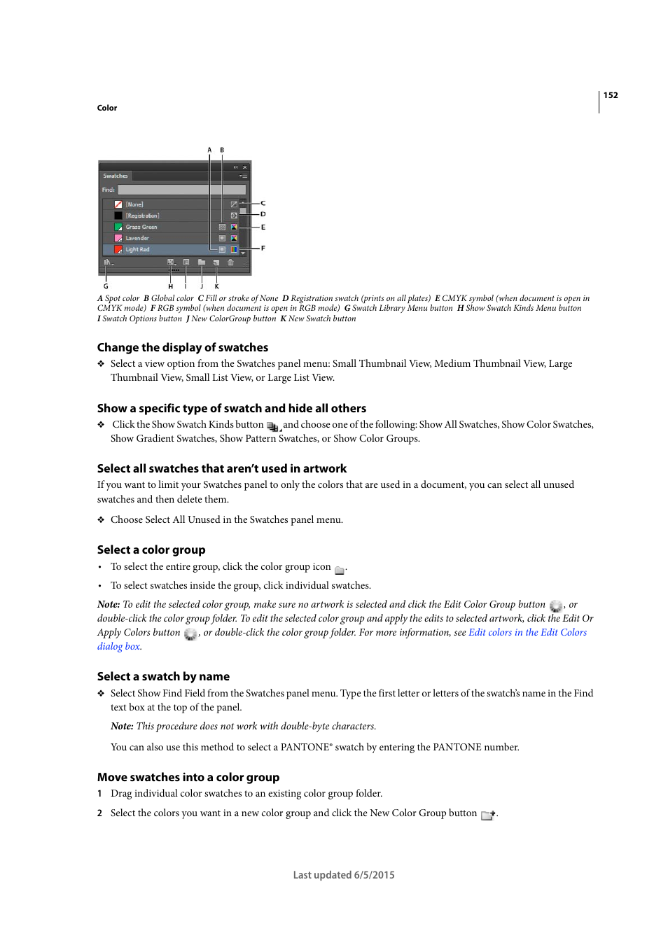 Change the display of swatches, Show a specific type of swatch and hide all others, Select all swatches that aren’t used in artwork | Select a color group, Select a swatch by name, Move swatches into a color group | Adobe Illustrator CC 2015 User Manual | Page 157 / 556