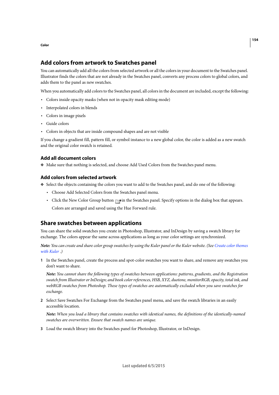 Add colors from artwork to swatches panel, Add all document colors, Add colors from selected artwork | Share swatches between applications | Adobe Illustrator CC 2015 User Manual | Page 159 / 556