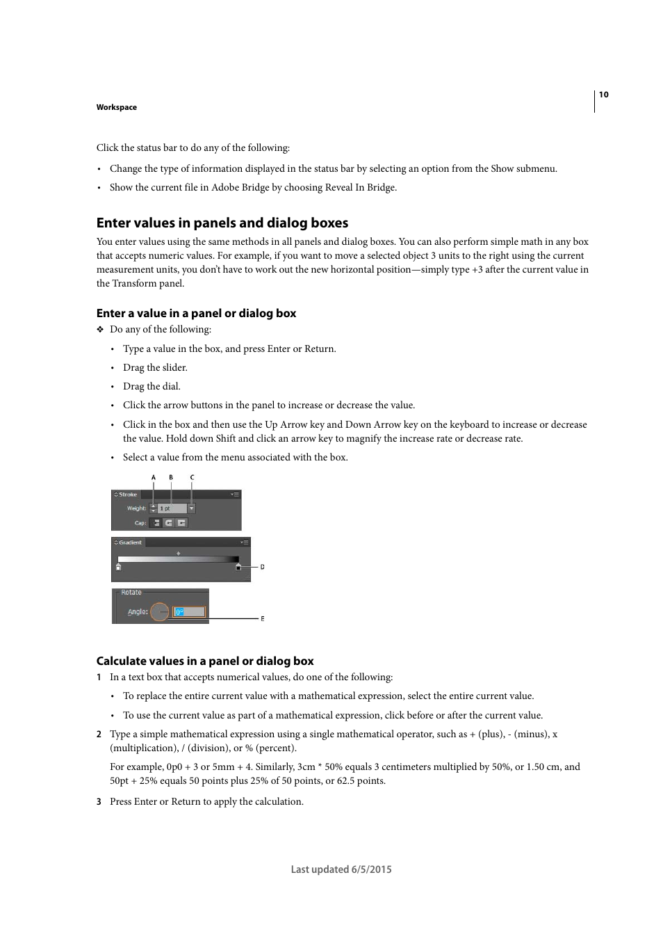 Enter values in panels and dialog boxes, Enter a value in a panel or dialog box, Calculate values in a panel or dialog box | Adobe Illustrator CC 2015 User Manual | Page 16 / 556