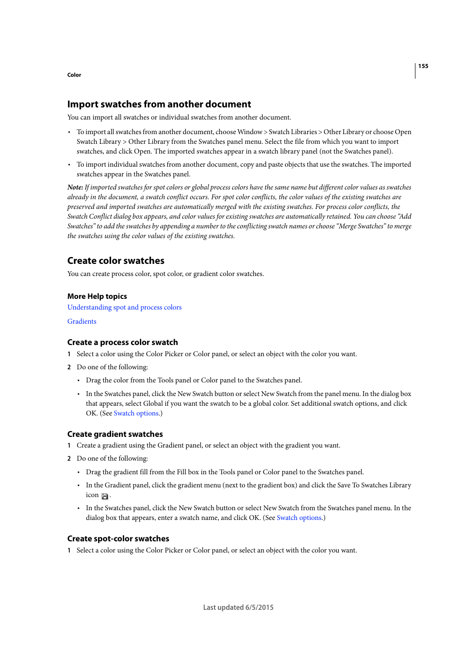 Import swatches from another document, Create color swatches, Create a process color swatch | Create gradient swatches, Create spot-color swatches | Adobe Illustrator CC 2015 User Manual | Page 160 / 556