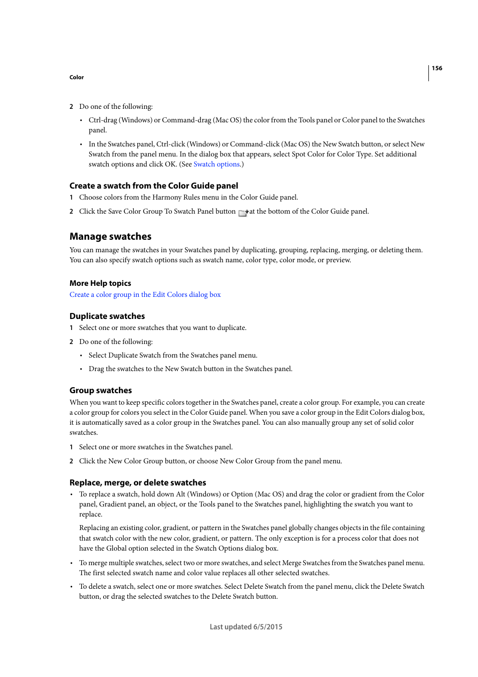 Create a swatch from the color guide panel, Manage swatches, Duplicate swatches | Group swatches, Replace, merge, or delete swatches | Adobe Illustrator CC 2015 User Manual | Page 161 / 556