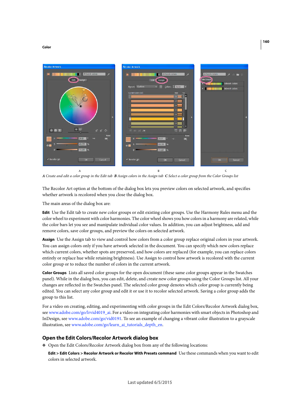 Open the edit colors/recolor artwork dialog box | Adobe Illustrator CC 2015 User Manual | Page 165 / 556