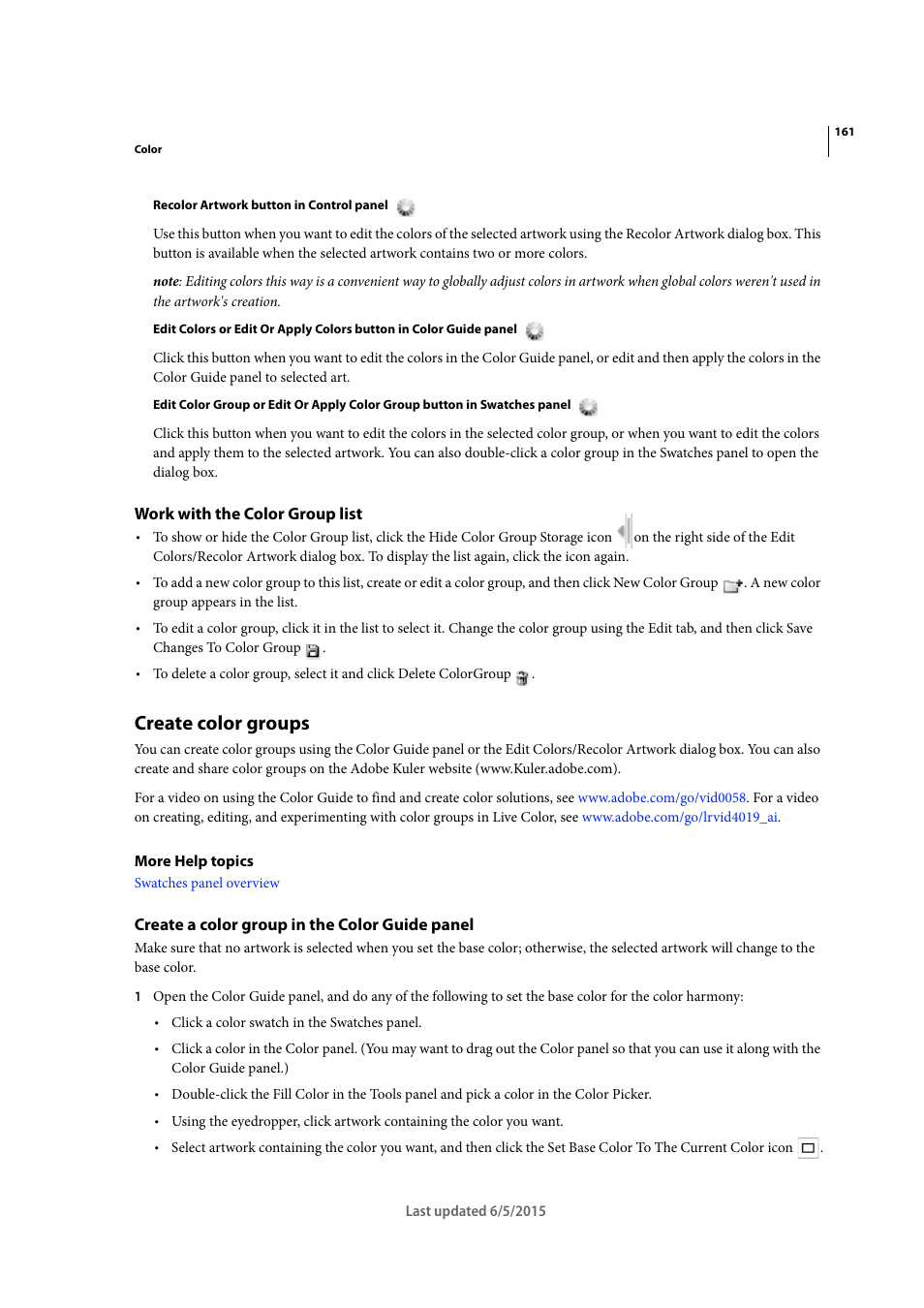 Work with the color group list, Create color groups, Create a color group in the color guide panel | Adobe Illustrator CC 2015 User Manual | Page 166 / 556