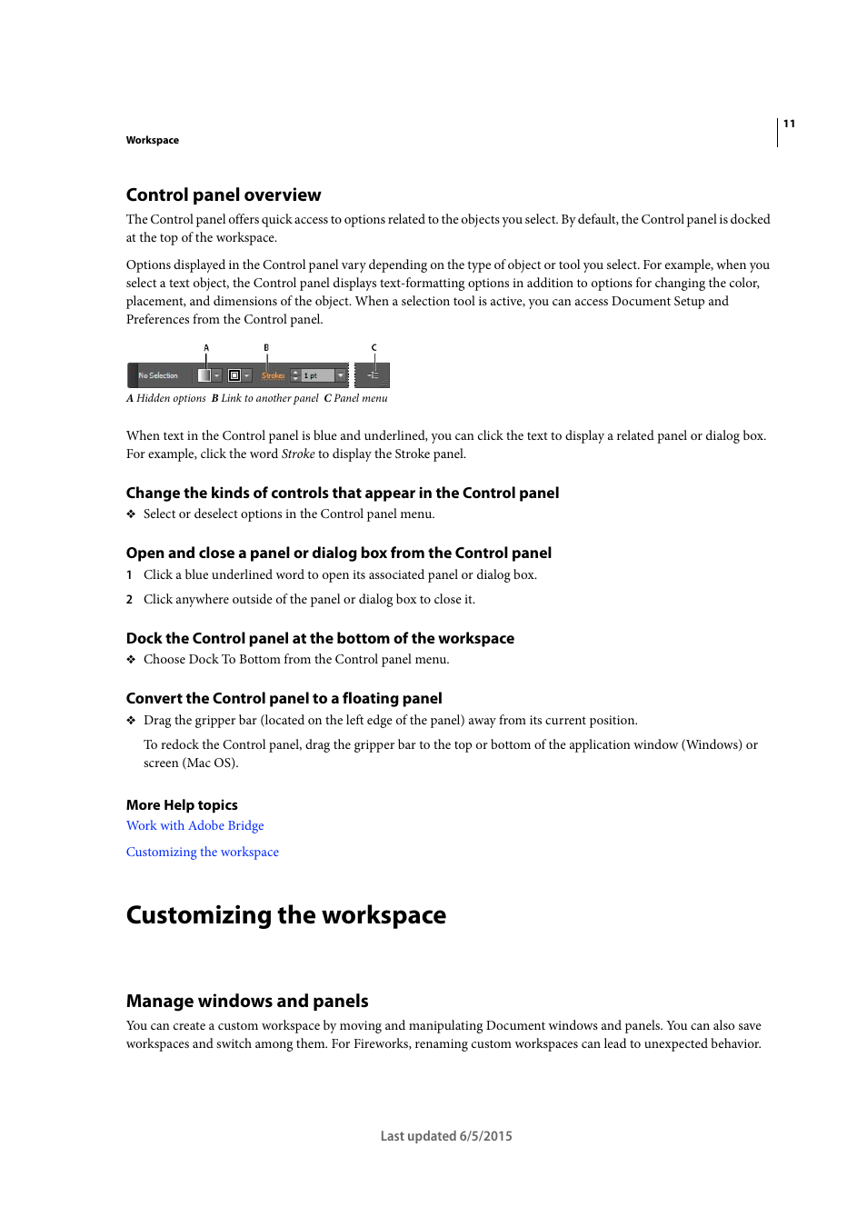 Control panel overview, Convert the control panel to a floating panel, Customizing the workspace | Manage windows and panels | Adobe Illustrator CC 2015 User Manual | Page 17 / 556