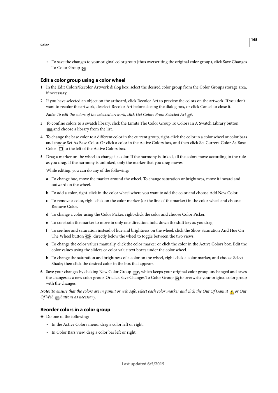 Edit a color group using a color wheel, Reorder colors in a color group | Adobe Illustrator CC 2015 User Manual | Page 170 / 556