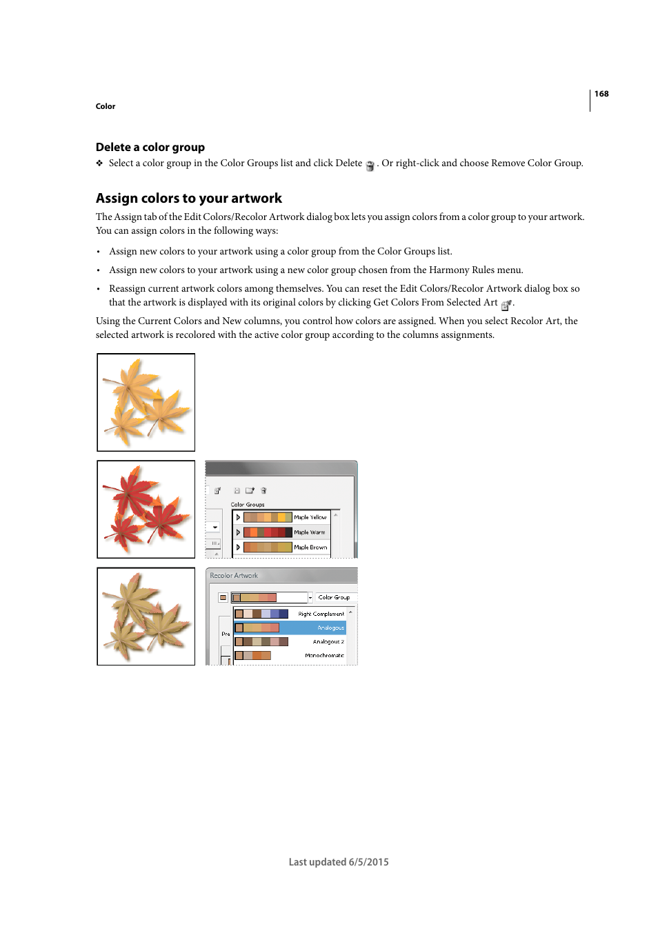 Delete a color group, Assign colors to your artwork | Adobe Illustrator CC 2015 User Manual | Page 173 / 556