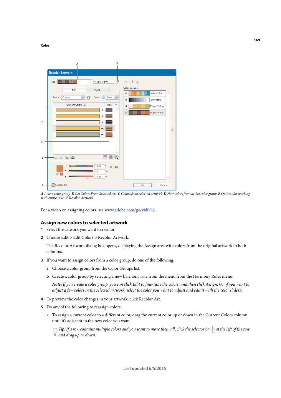 Assign new colors to selected artwork | Adobe Illustrator CC 2015 User Manual | Page 174 / 556