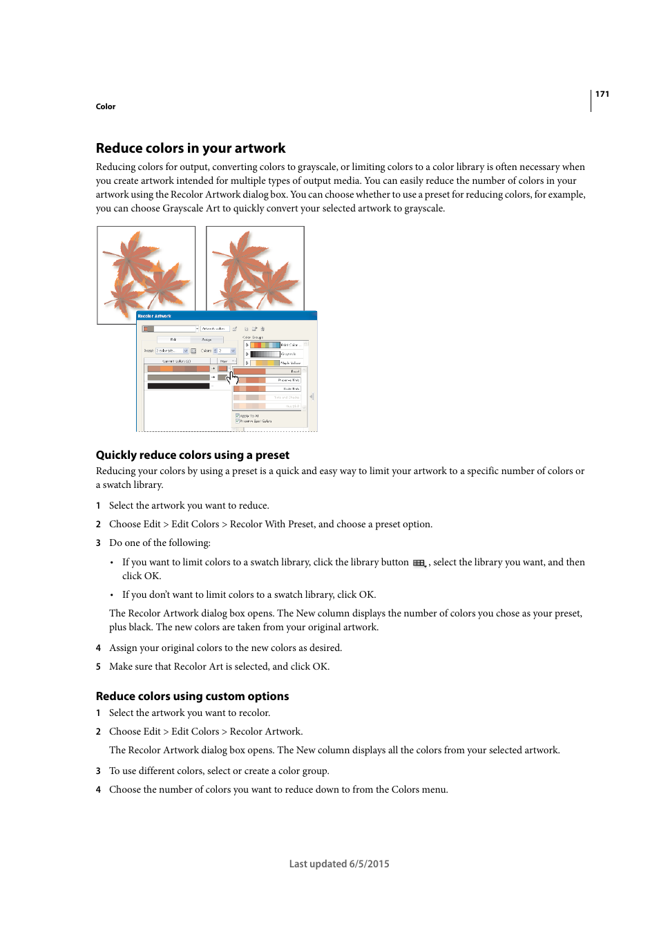 Reduce colors in your artwork, Quickly reduce colors using a preset, Reduce colors using custom options | Adobe Illustrator CC 2015 User Manual | Page 176 / 556