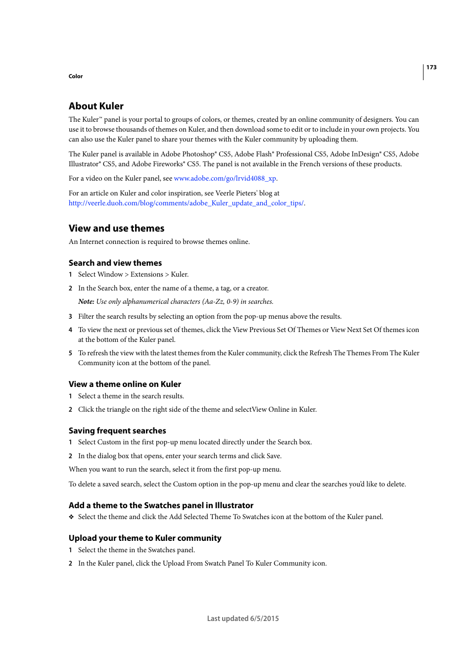 About kuler, View and use themes, Search and view themes | View a theme online on kuler, Saving frequent searches, Add a theme to the swatches panel in illustrator, Upload your theme to kuler community | Adobe Illustrator CC 2015 User Manual | Page 178 / 556