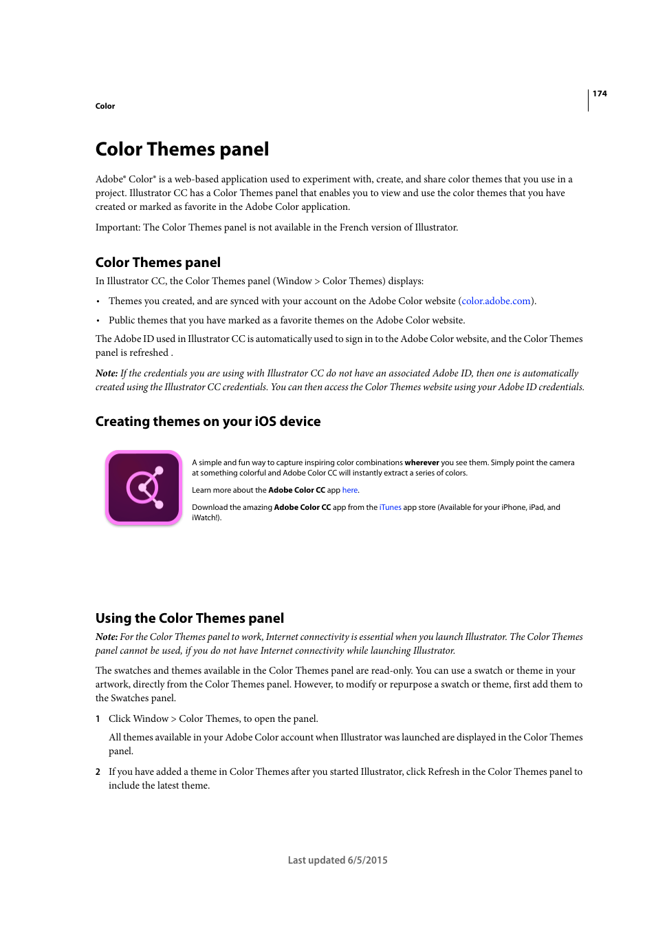 Color themes panel, Creating themes on your ios device, Using the color themes panel | Adobe Illustrator CC 2015 User Manual | Page 179 / 556