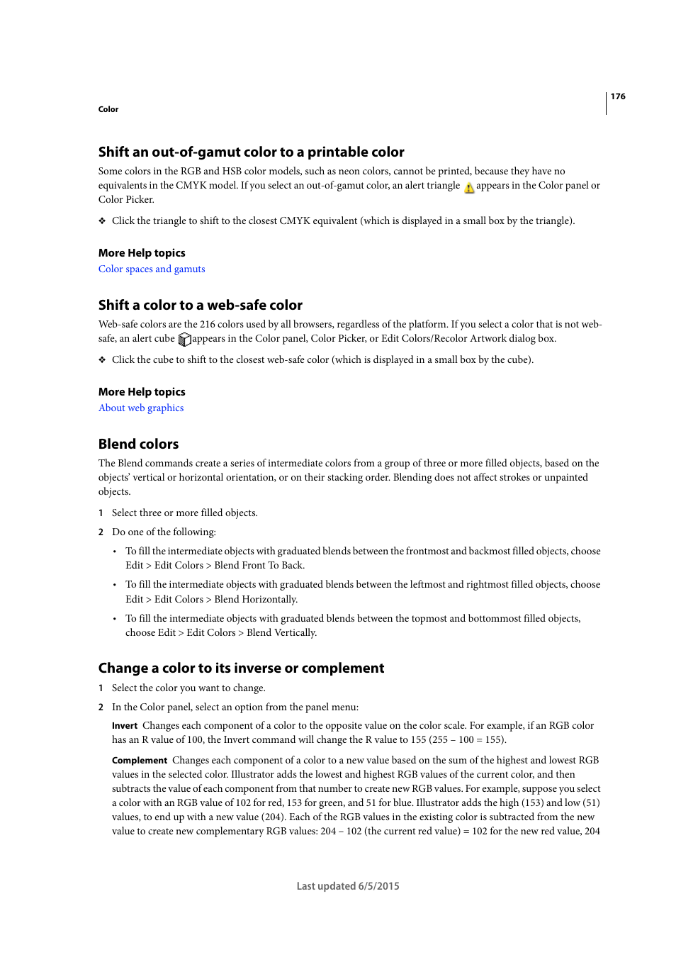 Shift an out-of-gamut color to a printable color, Shift a color to a web-safe color, Blend colors | Change a color to its inverse or complement | Adobe Illustrator CC 2015 User Manual | Page 181 / 556