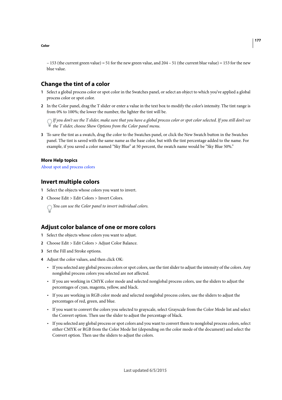 Change the tint of a color, Invert multiple colors, Adjust color balance of one or more colors | Adobe Illustrator CC 2015 User Manual | Page 182 / 556