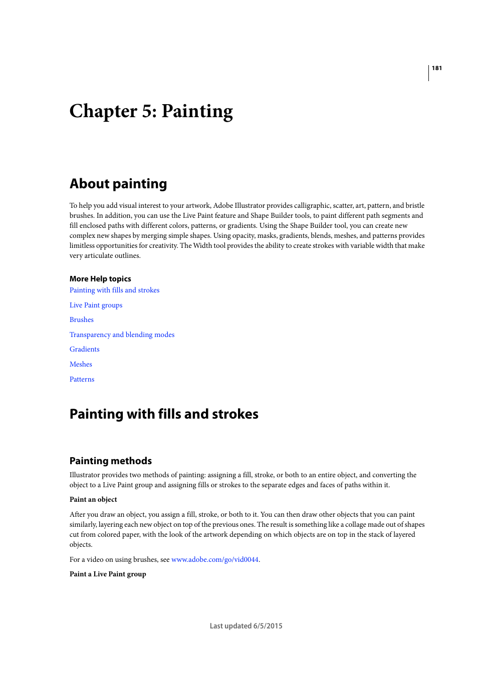 Chapter 5: painting, About painting, Painting with fills and strokes | Painting methods | Adobe Illustrator CC 2015 User Manual | Page 186 / 556