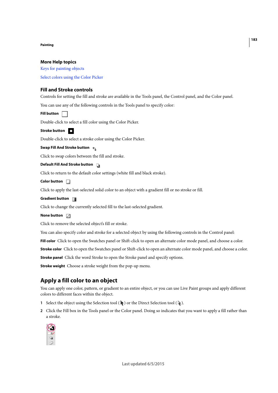 Fill and stroke controls, Apply a fill color to an object | Adobe Illustrator CC 2015 User Manual | Page 188 / 556