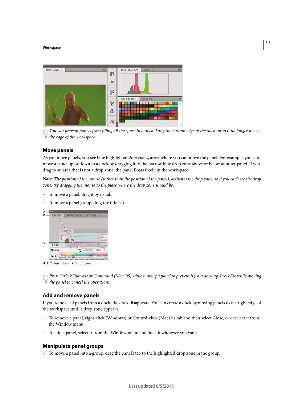 Move panels, Add and remove panels, Manipulate panel groups | Adobe Illustrator CC 2015 User Manual | Page 19 / 556