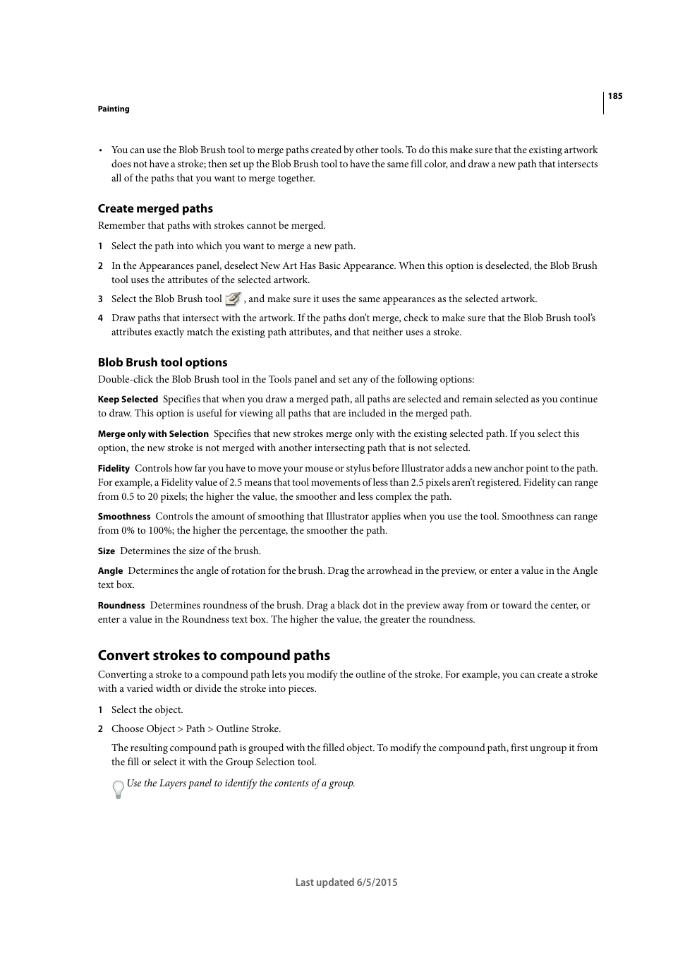 Create merged paths, Blob brush tool options, Convert strokes to compound paths | Adobe Illustrator CC 2015 User Manual | Page 190 / 556