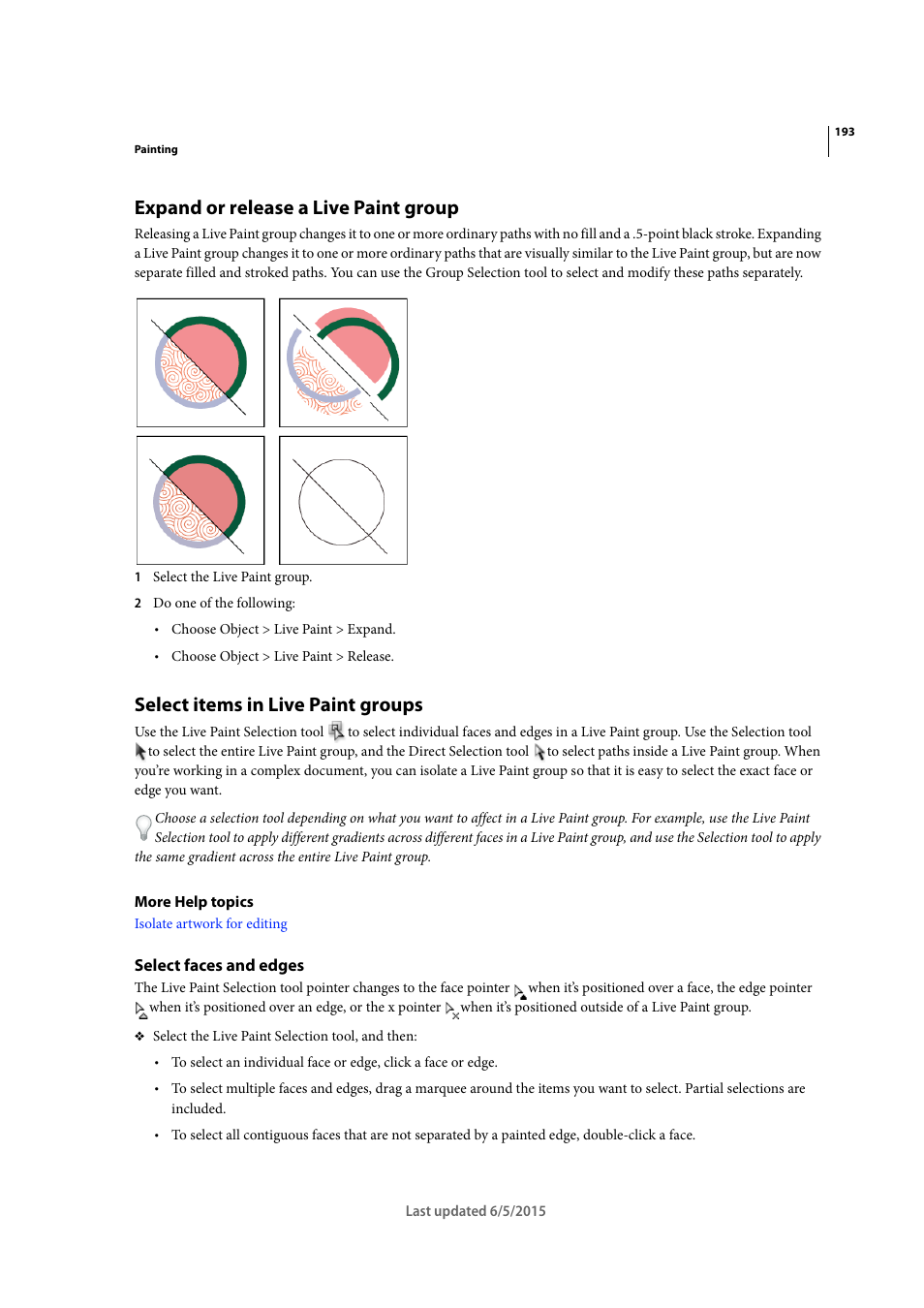 Expand or release a live paint group, Select items in live paint groups, Select faces and edges | Select, Items in live paint groups | Adobe Illustrator CC 2015 User Manual | Page 198 / 556