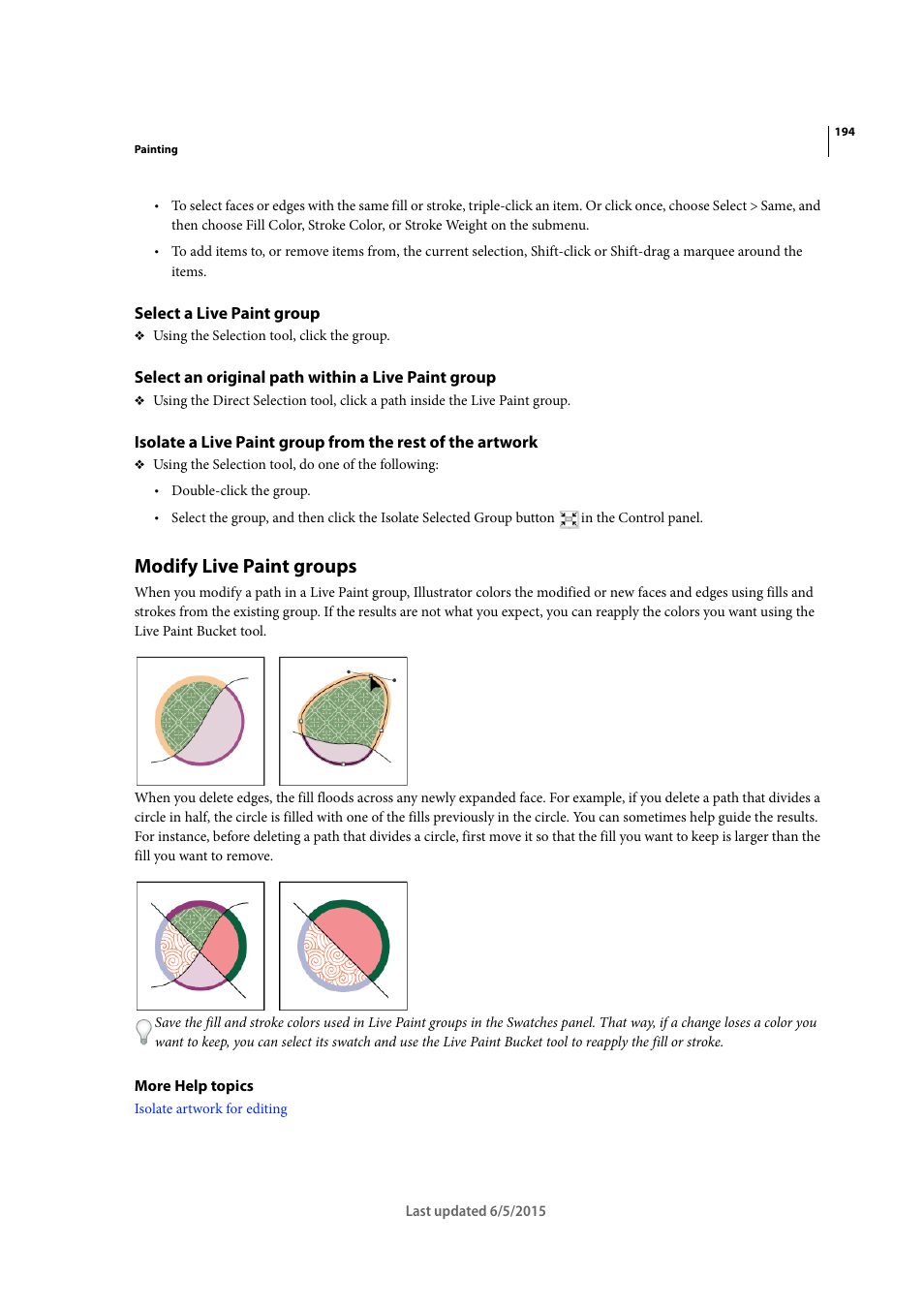 Select a live paint group, Select an original path within a live paint group, Modify live paint groups | Adobe Illustrator CC 2015 User Manual | Page 199 / 556