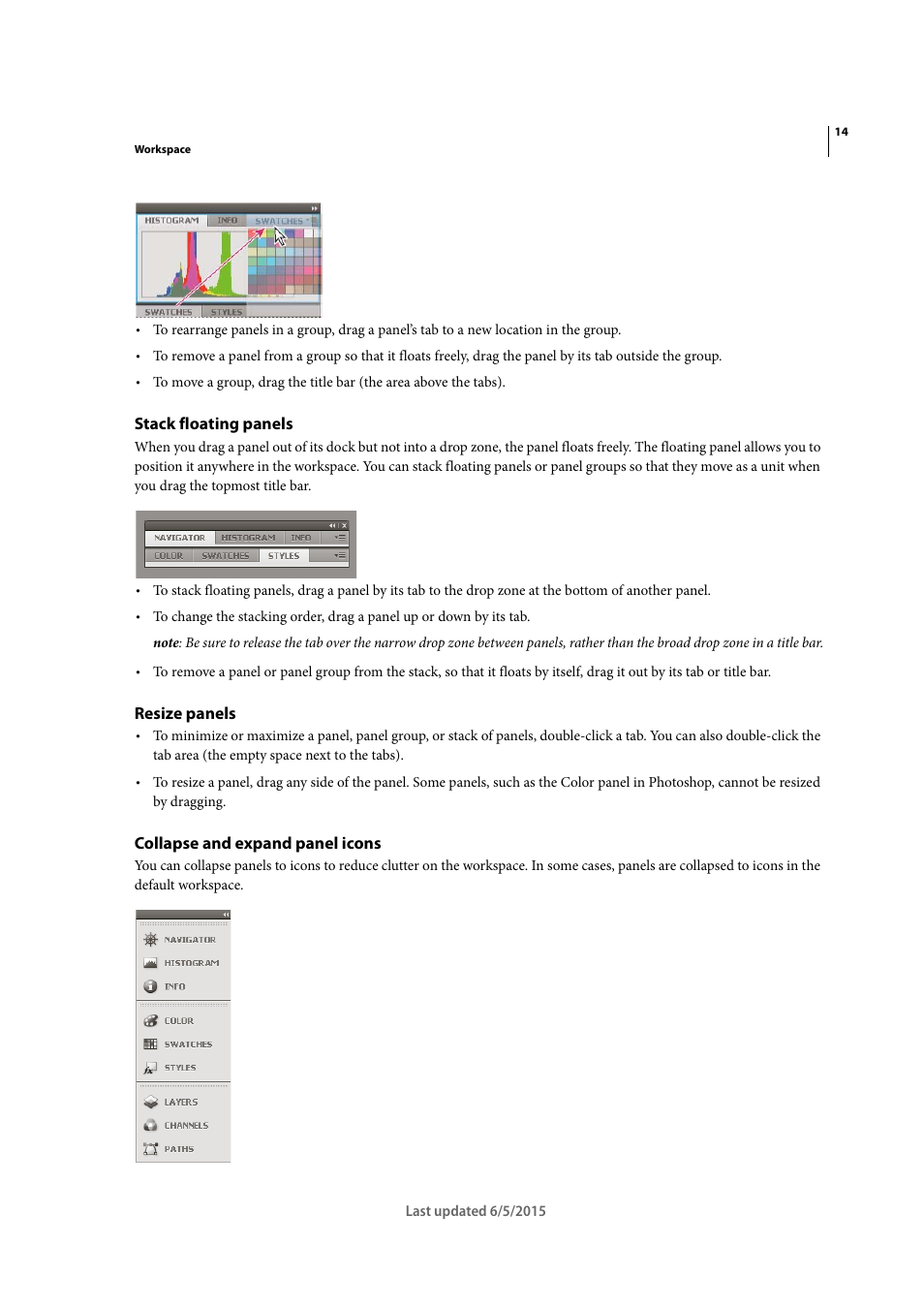 Stack floating panels, Resize panels, Collapse and expand panel icons | Adobe Illustrator CC 2015 User Manual | Page 20 / 556