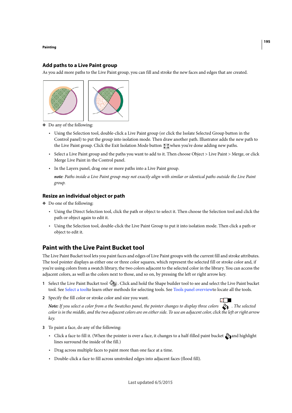Add paths to a live paint group, Resize an individual object or path, Paint with the live paint bucket tool | Paint with the live, Paint bucket tool | Adobe Illustrator CC 2015 User Manual | Page 200 / 556